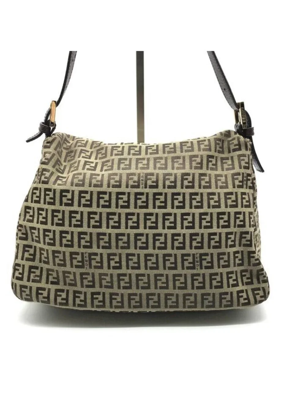 Fendi Zucchino Canvas Leather Shoulder Bag Brown